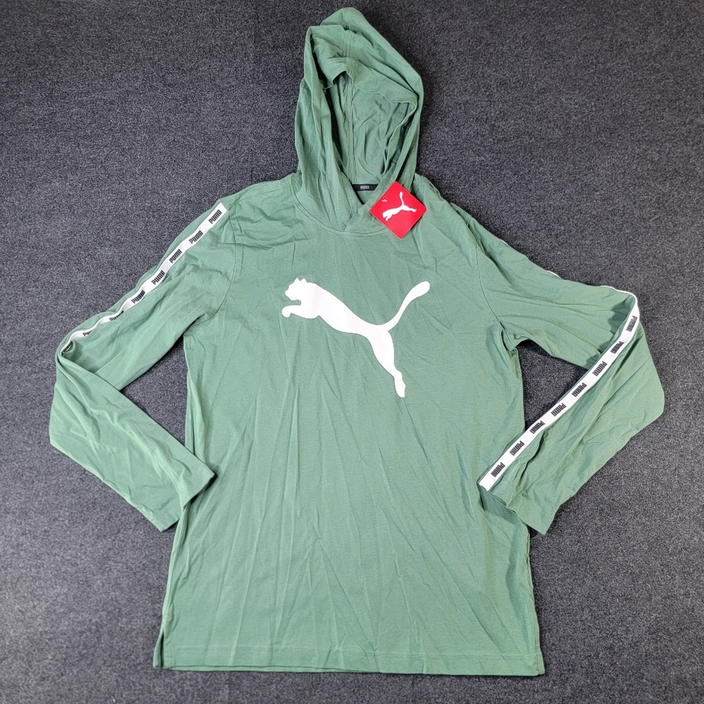Puma Men's Long Sleeve Micro Tape Hoodie Tee Shirt Sz Medium Green White Cotton